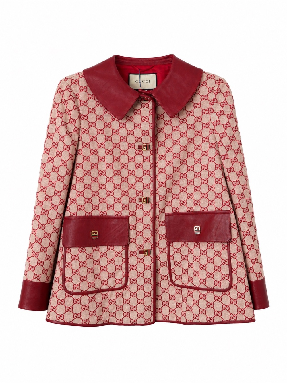 Gucci Red GG Jacquard Wool-Blend Jacket with Red Leather Trim